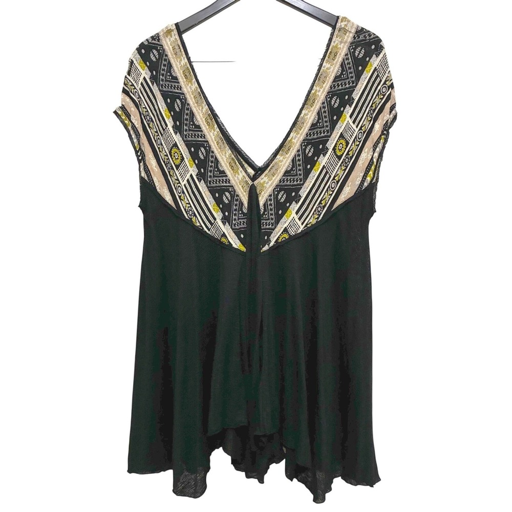 Free People Sheer Trapeze Tunic V-Neck Top Black L XL Tribal Boho Festival Flowy